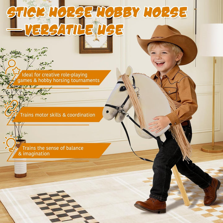 Hobby Horse für Kinder, Steckenpferd Spielzeug Pferd mit Halfter und Zügeln, Holzpferd Plüschpferd S