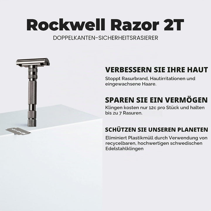 Rockwell T2 | Twist-To-Open (TTO) Doppelschneidiger Sicherheitsrasierer | Vollmetall | inklusive 5 v