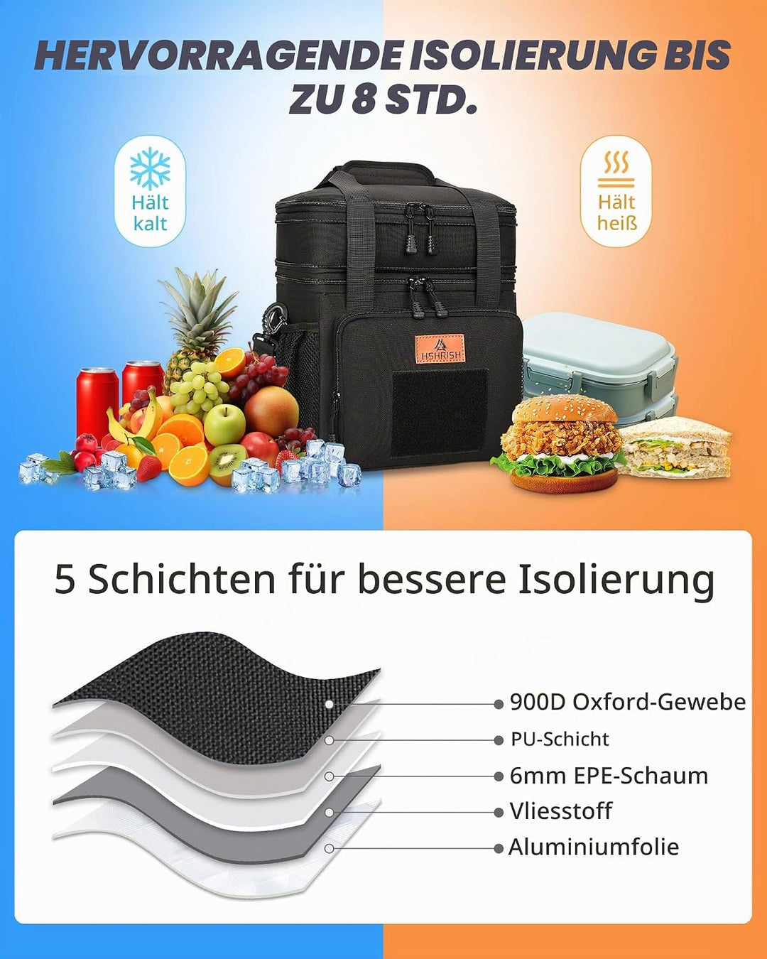 HSHRISH Taktische Lunchtasche, doppellagige isolierte grosse Kühltasche für Herren Erwachsene wasser