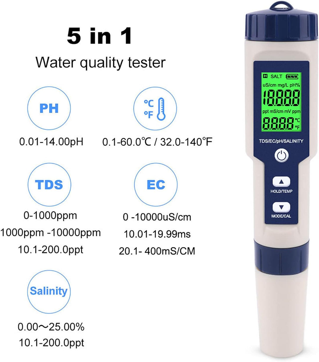 Digitales Salzgehaltmessgerät, EZ-9909 5-in-1 5-in-1-Salzgehalt-PH-Temp-EC- und TDS-Messgerät Wasser