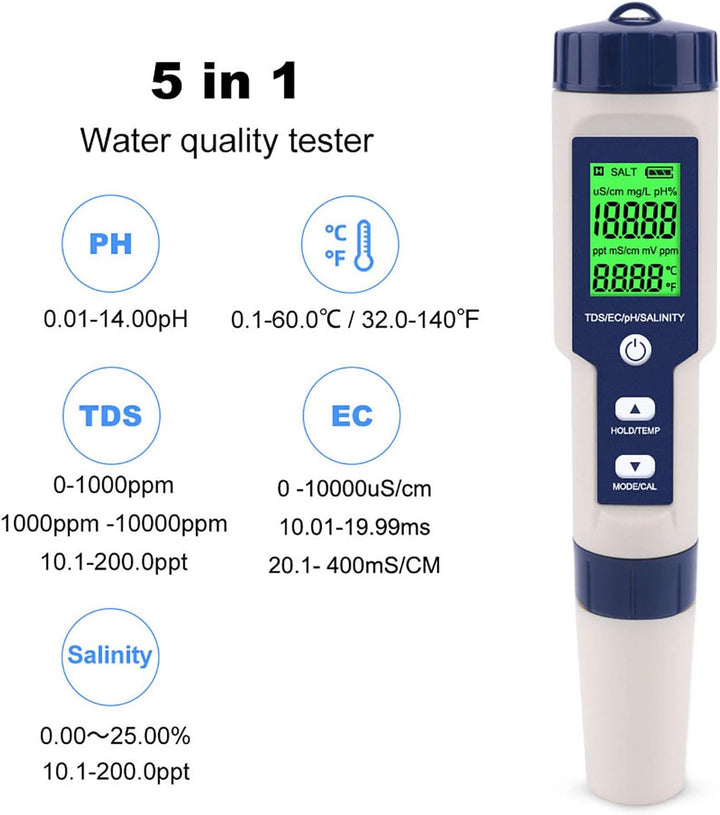 Digitales Salzgehaltmessgerät, EZ-9909 5-in-1 5-in-1-Salzgehalt-PH-Temp-EC- und TDS-Messgerät Wasser