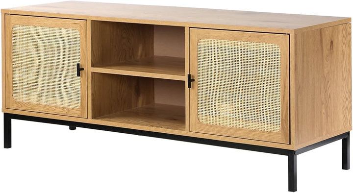 Calicosy TV-Möbel mit 2 Türen, 2 Nischen – Rattangeflecht – Holzdekor – Spanplatten – Metallstruktur