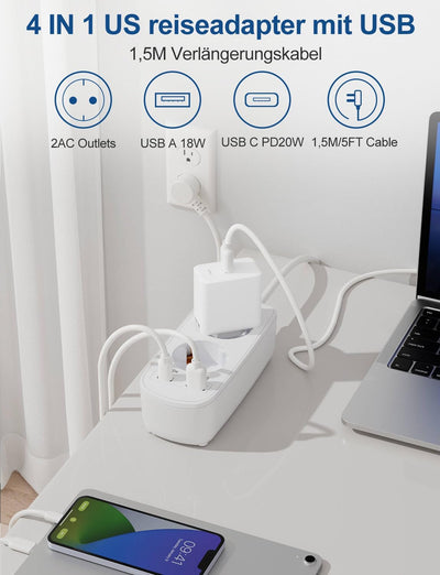 USA Adapter Steckdose, Reiseadapter mit PD20W USB Schnellladung, Deutsch zu US Adapter Steckdose 2-F
