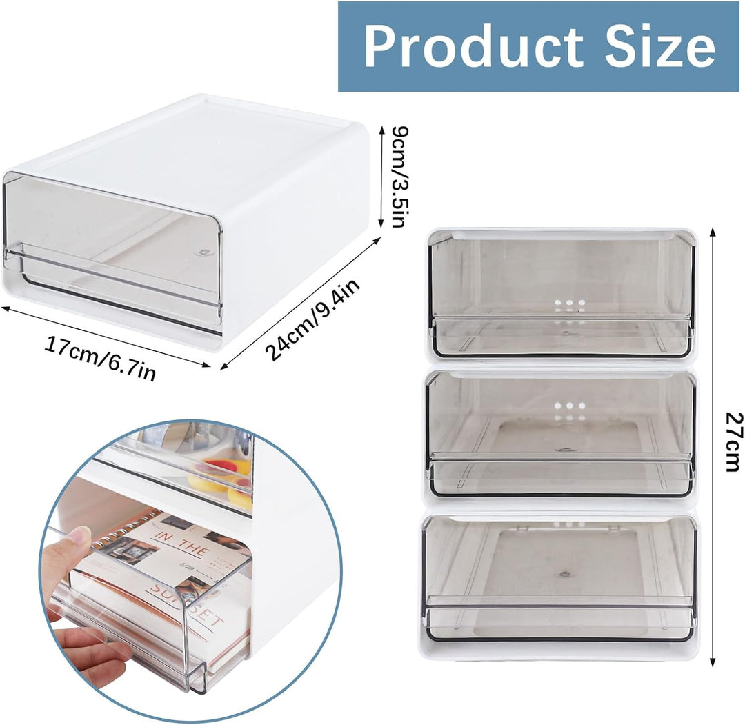 4 Stück Stapelbar Schreibtisch Organize mit 4 Schubladen, Transparent Weiss Schubladenboxen mit Etik