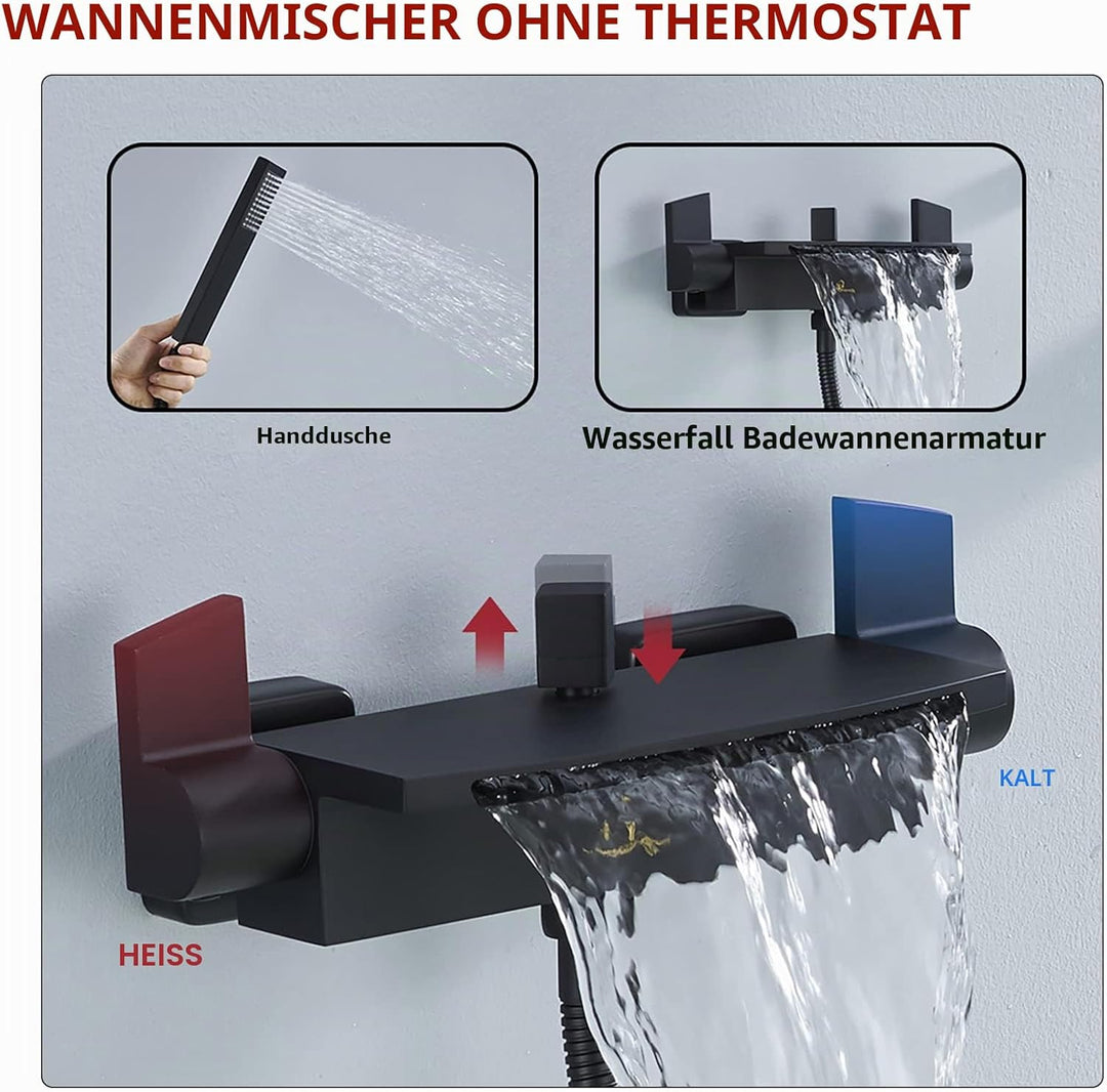 HOMELODY Schwarz Badewannenarmatur Wasserfall Armatur Badewanne Mischbatterie mit Brause Wannenarmat