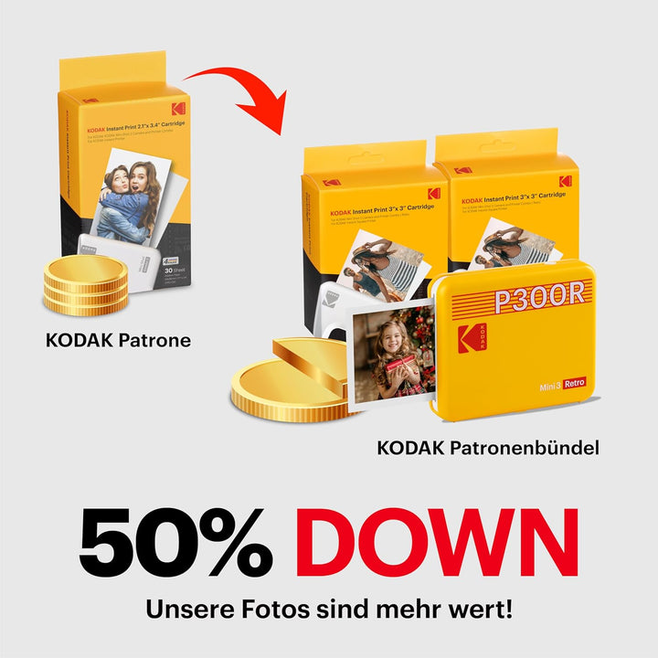 KODAK Mini 3 Retro 4PASS Fotodrucker, tragbar (7,6 x 7,6 cm) – Paket mit 68 Blättern, Gelb Imprimant