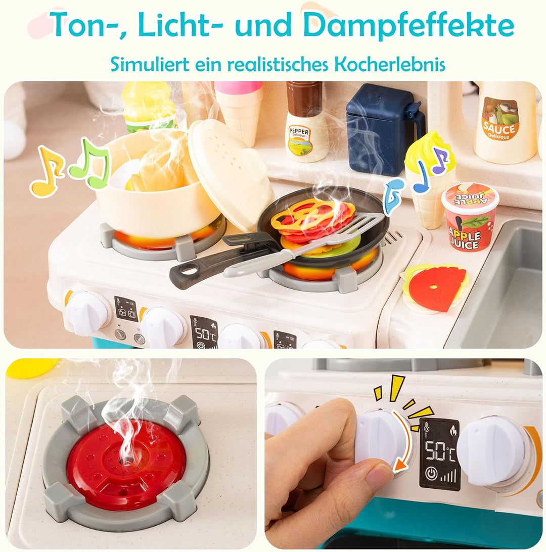 DREAMADE Kinderküche mit 54 TLG. Zubehör, Kinderspielküche mit Spülbecken Wasserhahn Herd Öfen, Spie