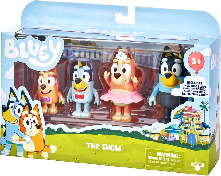 Bluey "The Show 4er-Pack 6,3–7,6 cm offizielle Actionfiguren, Bingo, Chili (Mama) und Bandit (Papa)