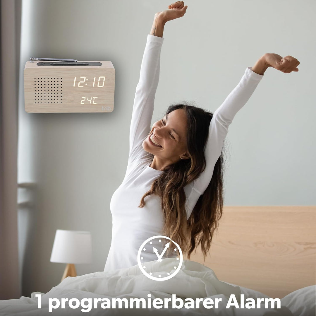 T'nB Woody Digitaler Radiowecker, 1 programmierbarer Alarm, FM-Radio mit automatischem Scan, Tempera