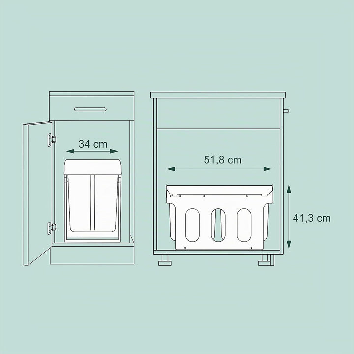 Relaxdays Einbaumülleimer, 3 Fächer, 20l, 2X 10l, HBT: 41,3 x 34 x 51,8 cm, ausziehbar, Müllsystem U