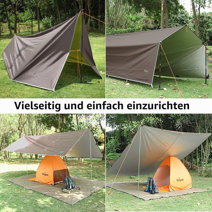 Unigear Tarp 3x3 3x4 3x5 4x4 wasserdicht, Zeltplane für Hängematte mit Ösen + 6/8 Erdnägel + 6/8 Sei