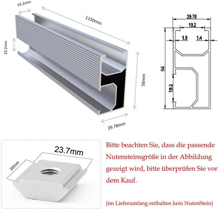 4 Stück 1150mm Aluprofil Photovoltaik Montageschiene Solarprofil Solarschiene