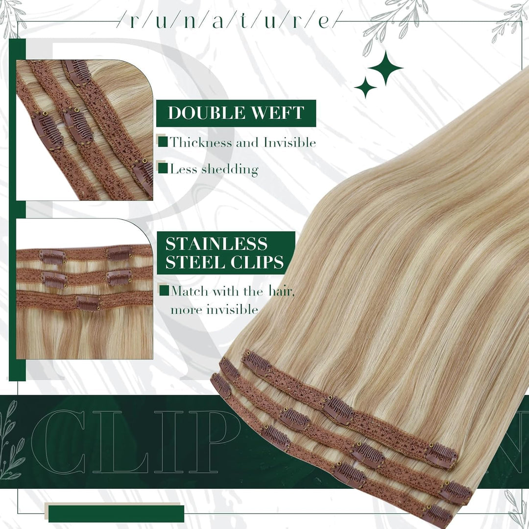 RUNATURE Clip in Extensions Echthaar Aschblond mit Platinblond Clip in Haarextension Echthaar Clips