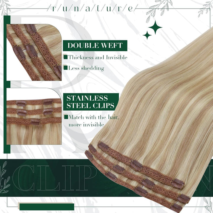 RUNATURE Clip in Extensions Echthaar Aschblond mit Platinblond Clip in Haarextension Echthaar Clips