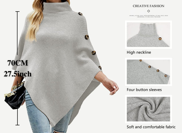 JFAN Poncho Damen Elegant Strick Umhang mit Hohem Kragen und Vier Knöpfen Herbst/Winter, Grau