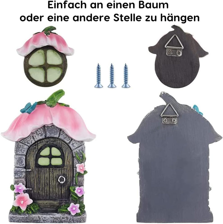 Feentür Garten Feen-Tür und -Fenster für Bäume, 14cm Harz Miniatur Elfen-Tür Wichteltür Gartendeko,