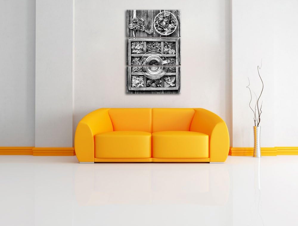 Pixxprint Monocrome, getrocknete Blumen in rustikalem Setzkästchen 3-Teiler Leinwandbild 120x80 Bild
