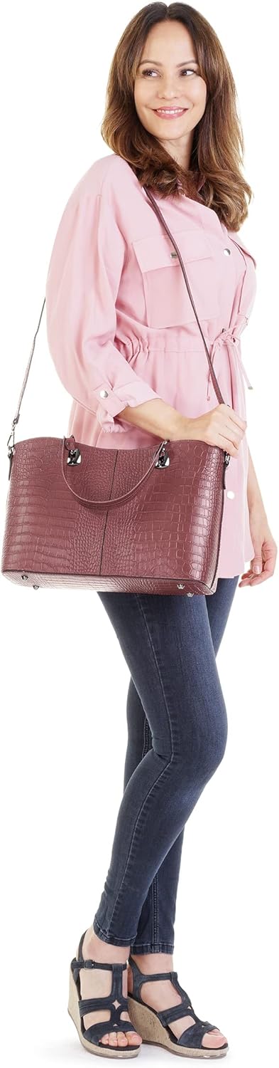 Handtasche Echt Leder Damen Made in Italy, Smartphonefach, Damenhandtasche im Kroko-Design, Umhänget