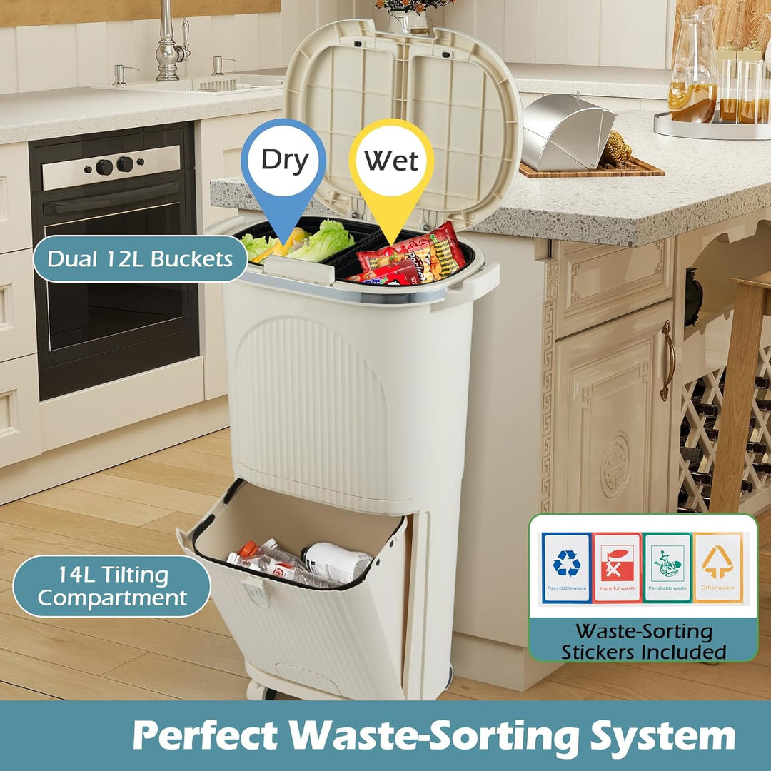LIFEZEAL 38L / 42L Mülleimer auf Rädern, Abfalleimer mit 3 Fächern & Deckel, Tretmülleimer mit Griff
