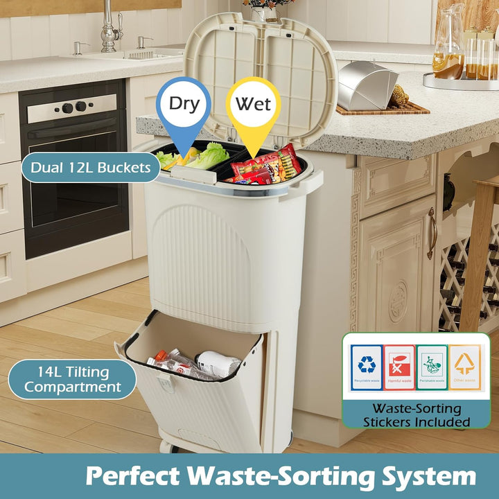 LIFEZEAL 38L / 42L Mülleimer auf Rädern, Abfalleimer mit 3 Fächern & Deckel, Tretmülleimer mit Griff