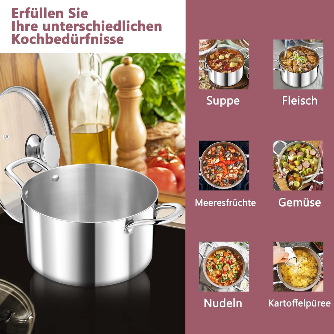 TEAMFAR Kochtopf Gross 26cm, 3-Lagen Edeastahl 6,6L Topf mit Glasdeckel für alle Herdarten, Suppento