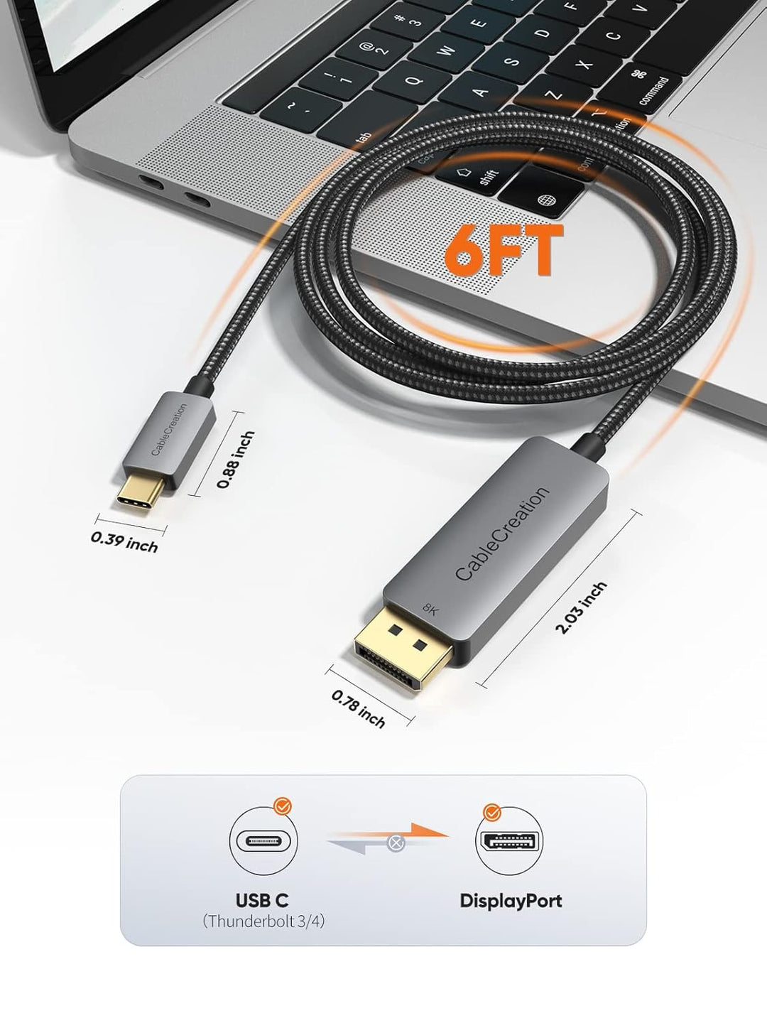 8K USB C auf DisplayPort Kabel 1.8 m, CableCreation Typ C (Thunderbolt 3) auf DP 1.4 Kabel, 32,4 Gbp