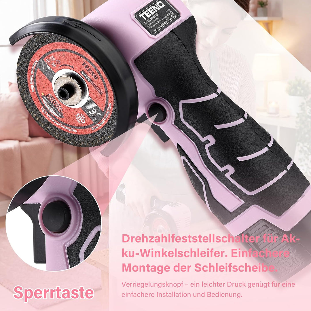 TEENO Mini Winkelschleifer Rosa 76 mm, Akku Winkelschleifer Kabellos 19.500 U/min mit 2 Akkus 2000 m