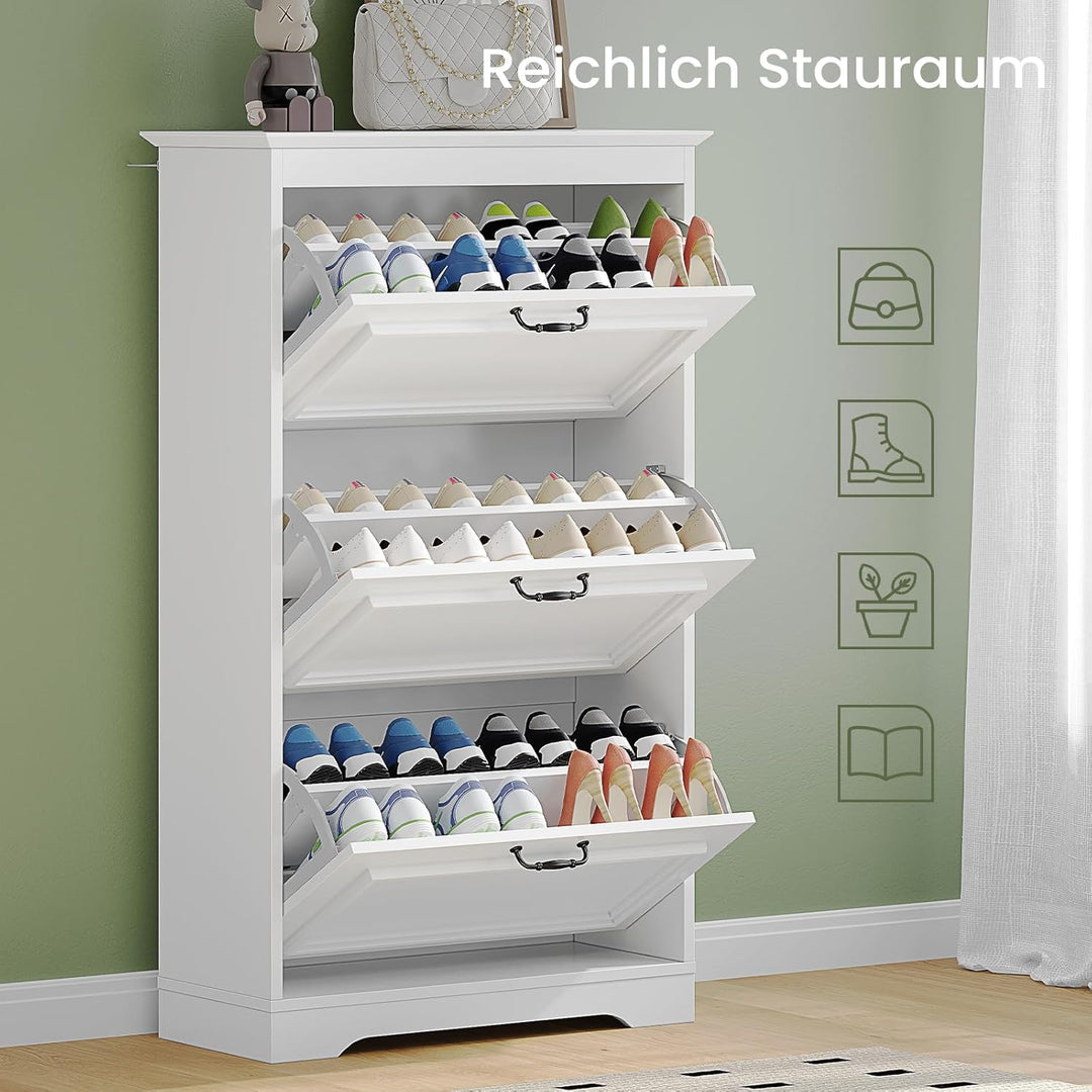 Schuhschrank Weiss Schuhkipper mit 3 Klappen, Schuhkommode Schuhregal mit Trennwände verstellbar und