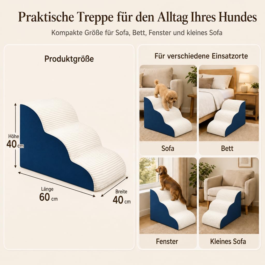 BEST JAJA Hundetreppe 3 Stufen mit Kanteneinfassung – formstabil und rutschfest, 40 cm hoch für Bett