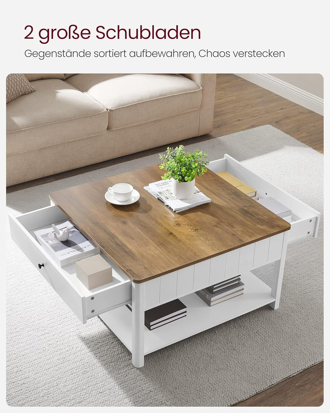 VASAGLE Couchtisch, Wohnzimmertisch, Sofatisch, 2 grosse Schubladen, mit Beinen, viel Stauraum, mari
