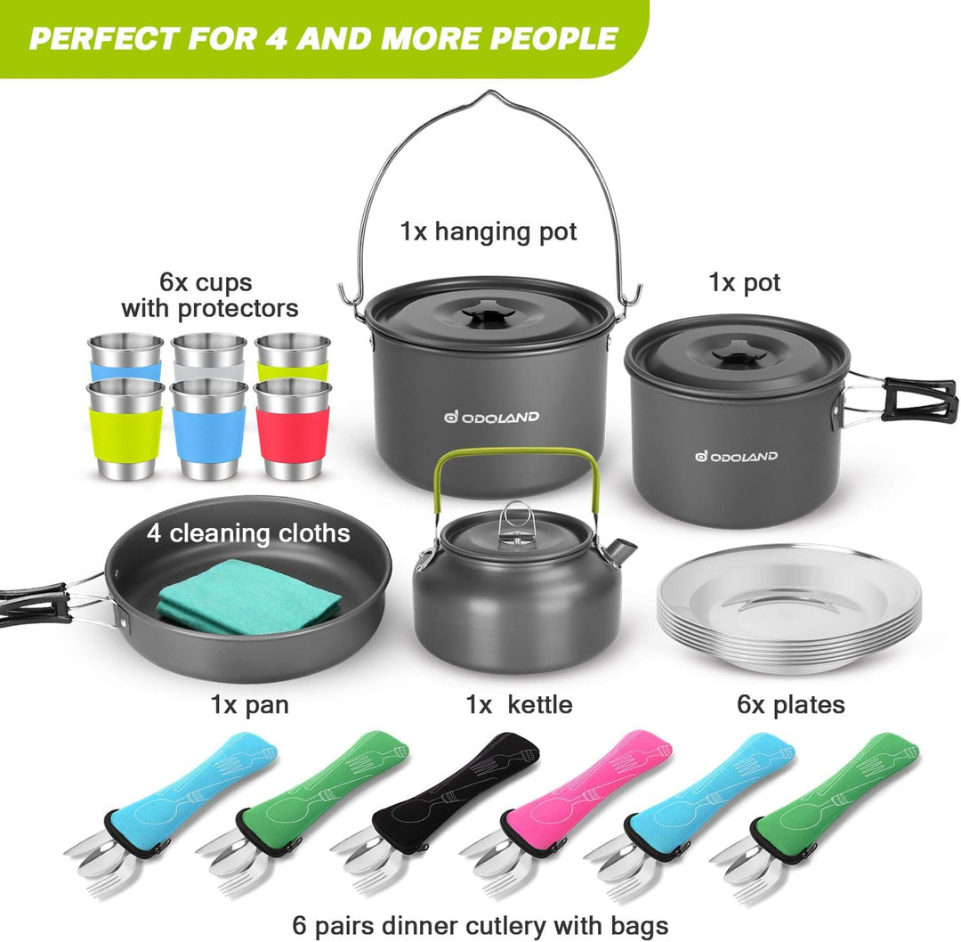 Odoland Camping Geschirr Set, Kochgeschirr für Outdoor Kochen für Camping, Rucksacktourismus, Kochen