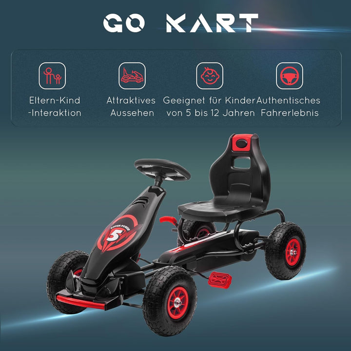 HOMCOM Gokart, Kinderfahrzeug mit 3-stufigen verstellbarem Sitz, Tretfahrzeug mit Gummireifen, Pedal
