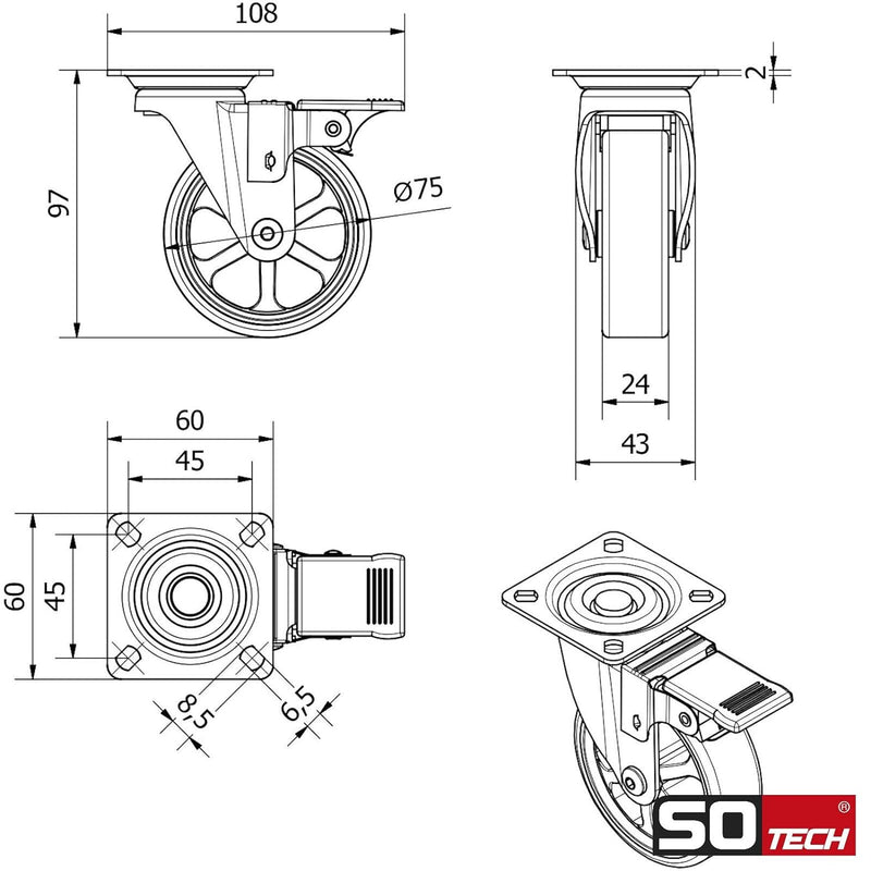 SOTECH 4 Stück Design Lenkrollen SHIFT Rollen-Ø 75 mm transparent mit Feststellfunktion, belastbar b