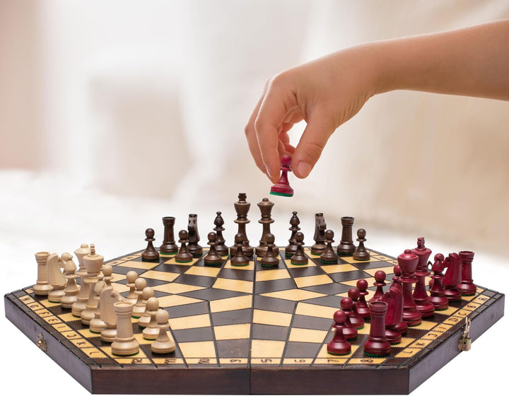 Husaria Holz-Schachspiel-Set für DREI Spieler – 54 Zentimeter - mit Faltbarem Brett, Handgefertigten