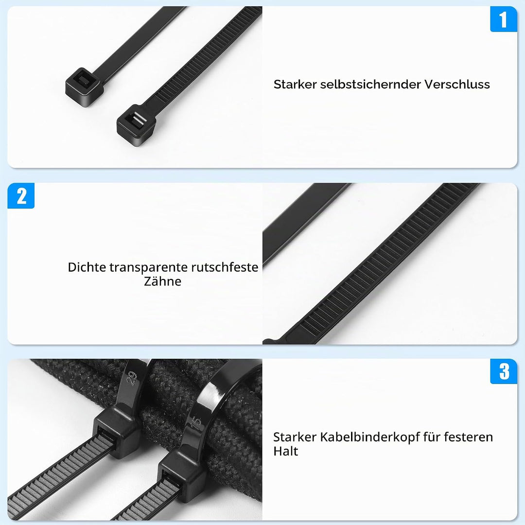 1000 Stück Klemmschellen, 200 x 4,8 mm, schwarz, 23 kg, professionelle Kabelbinder, langlebig, UV-be