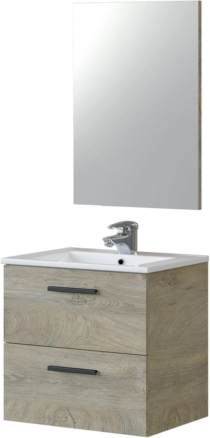 Dmora - Unter dem Waschtisch Fontana, Badezimmerschrank mit 2 Schubladen, Hängeschrank mit Spiegel,
