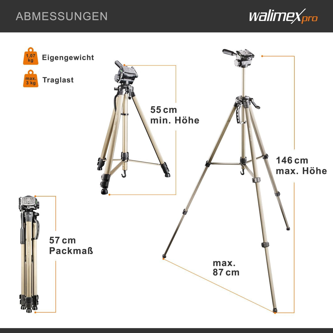 Walimex pro WT-3530 Basic-Stativ 146 cm bronzefarben, Dreibein Fotostativ höhenverstellbar 56-146 cm