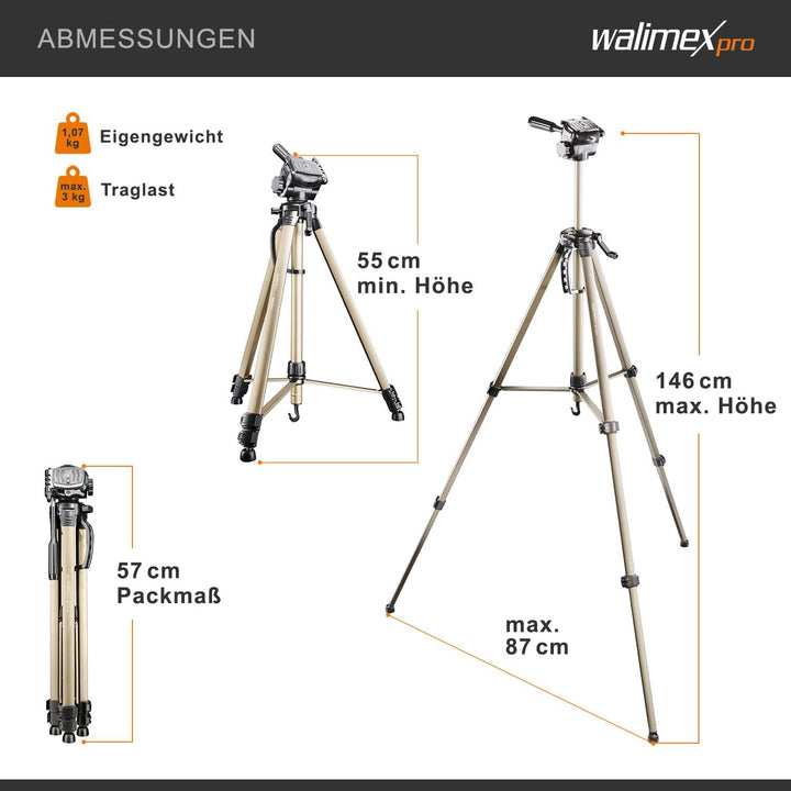 Walimex pro WT-3530 Basic-Stativ 146 cm bronzefarben, Dreibein Fotostativ höhenverstellbar 56-146 cm