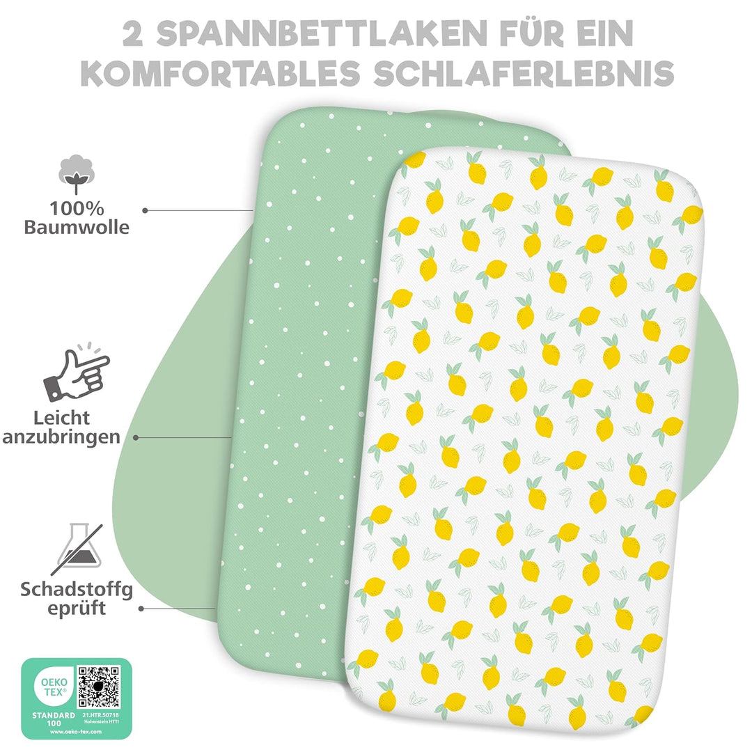2X Spannbettlaken aus 100% Baumwolle mit Gummiband - 1X Matratzenschoner aus 100% wasserdichtem Mate