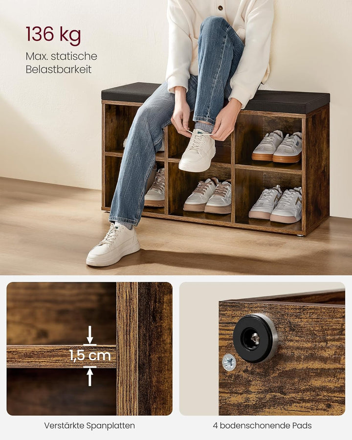 VASAGLE Schuhbank, Schuhregal mit Sitzfläche, Sitzbank mit Stauraum, Kissen, 6 Fächer, verstellbare