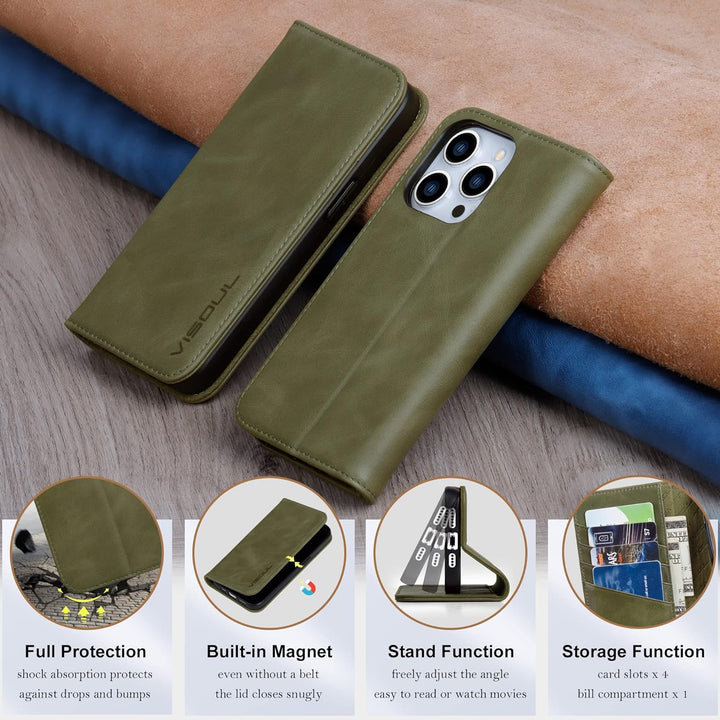 VISOUL Hülle für iPhone 14 Pro Max Handyhülle [Echtleder] [Schützt] [Kartenfach] [Magnet] [Standfunk