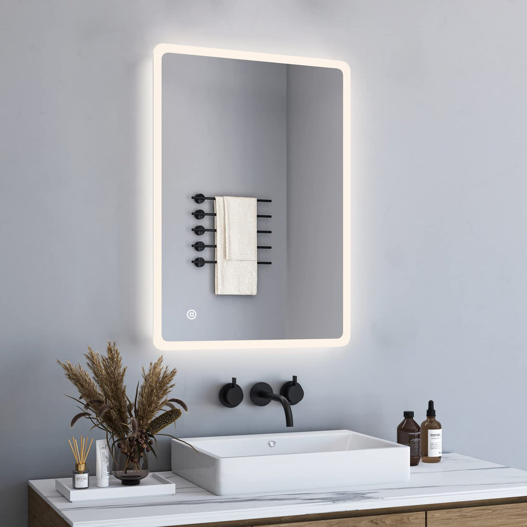 BD-Baode Badspiegel mit Beleuchtung 40x60cm,LED Badspiegel mit Uhr Badezimmerspiegel Touchschalter D