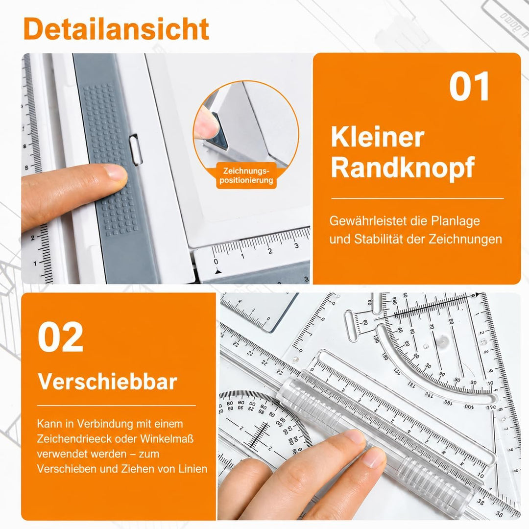 DIN A3 Zeichenbrett A3-Zeichenbrett-Set mit Schiebelineal, inklusive Zeichenwerkzeugen, Zirkel, Zeic
