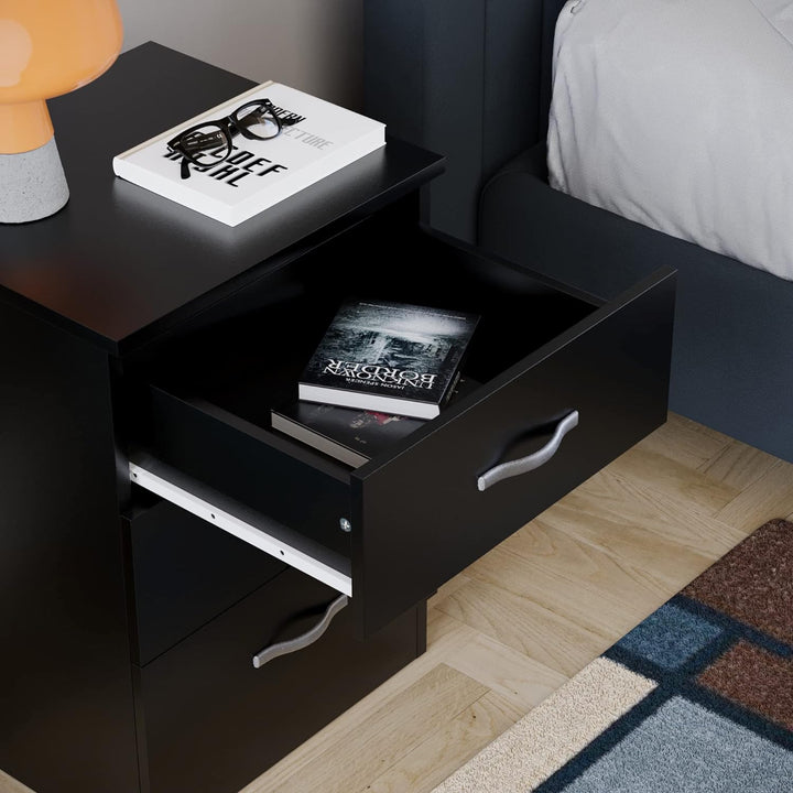 Vida Designs Riano Nachttisch mit 3 Schubladen, Schwarz, Ablagetisch, Schwarz