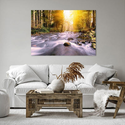 ARTTOR Bilder auf Leinwand 100x70cm Leinwandbild Herbst Wald Berg Fluss Gross Wanddeko Bild Schlafzi