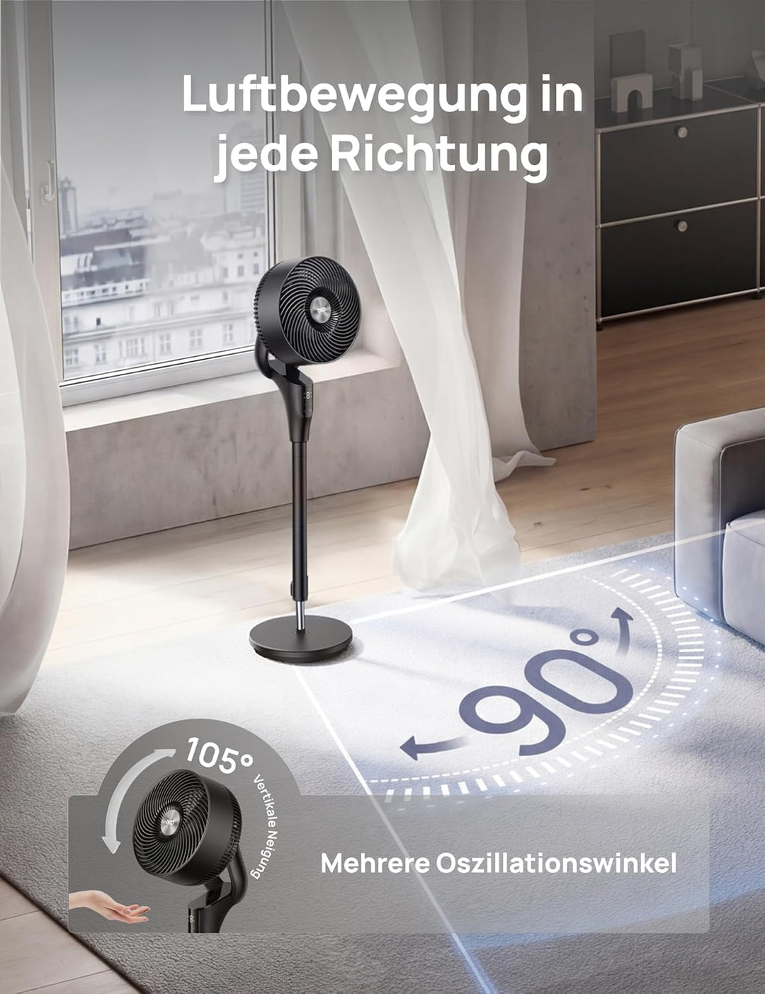Dreo Leiser Standventilator, 1444m³/h Luftvolumen oszillierende Ventilator, 3 Stufen 6H Timer Turmve