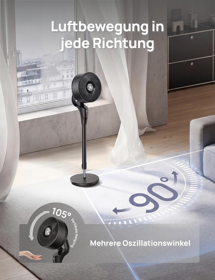 Dreo Leiser Standventilator, 1444m³/h Luftvolumen oszillierende Ventilator, 3 Stufen 6H Timer Turmve