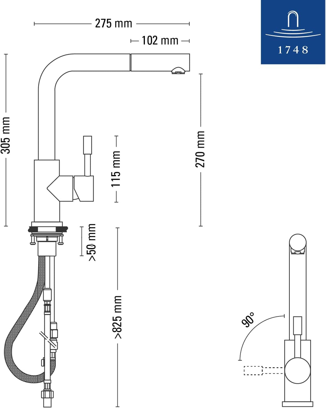 Villeroy & Boch Steel Shower | Hochdruck | Einhand-Küchenarmatur mit herausziehbarer Handbrause | An