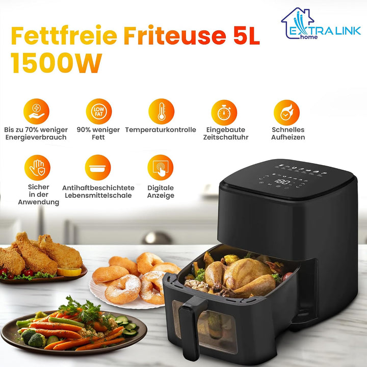 Extralink Heissluftfritteuse 5L 1500W Airfryer 7 Programme Touch LED 5 liters, 5 liters