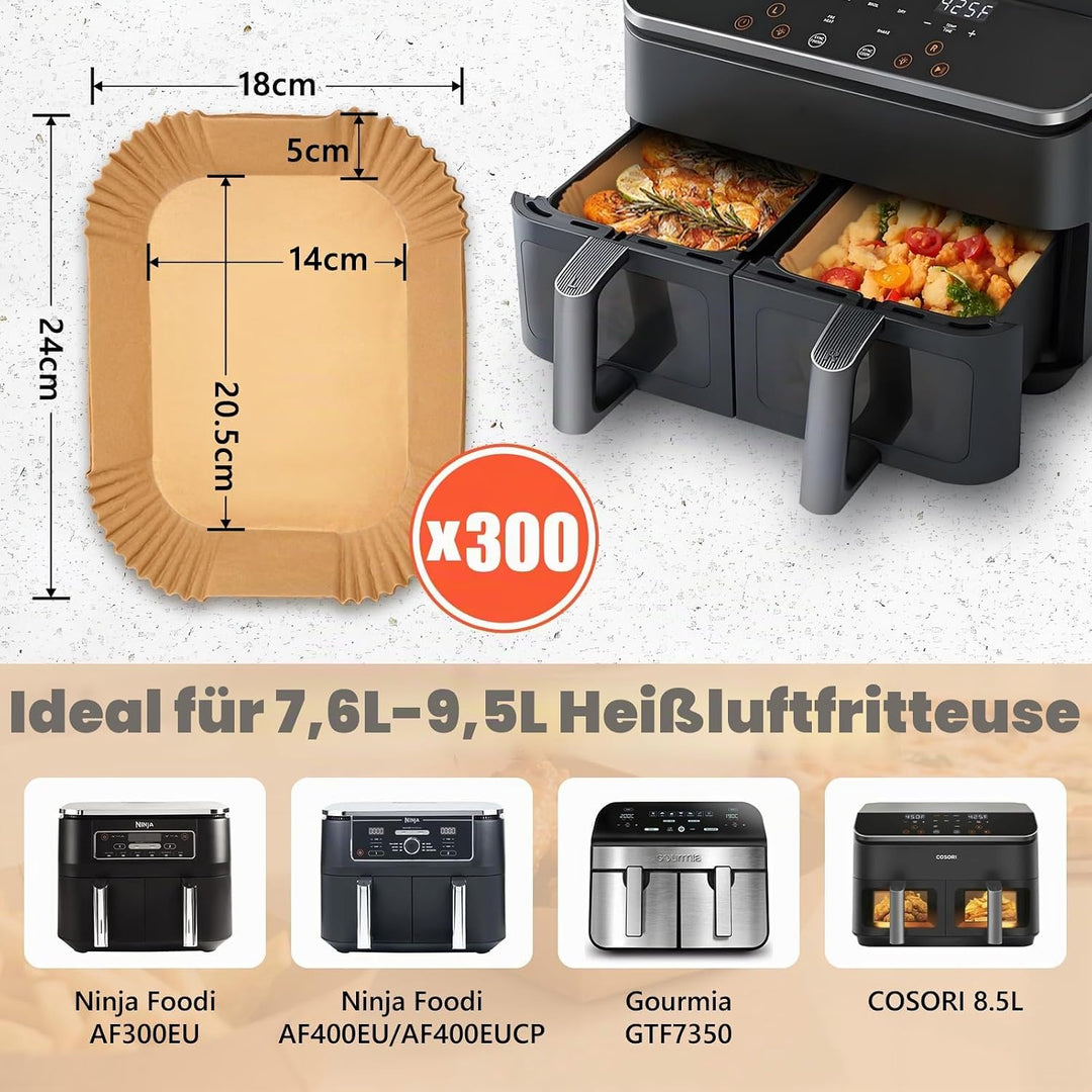 300 Stück Backpapier für Heissluftfritteuse Ninja Dual, 20,5x14CM Stone TH Airfryer mit Doppelkammer